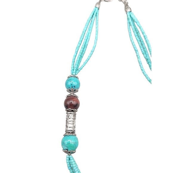 Faux Turquoise Large Pendant Necklace Runway Style Silver Tone 21" Beaded Chain - Picture 10 of 16